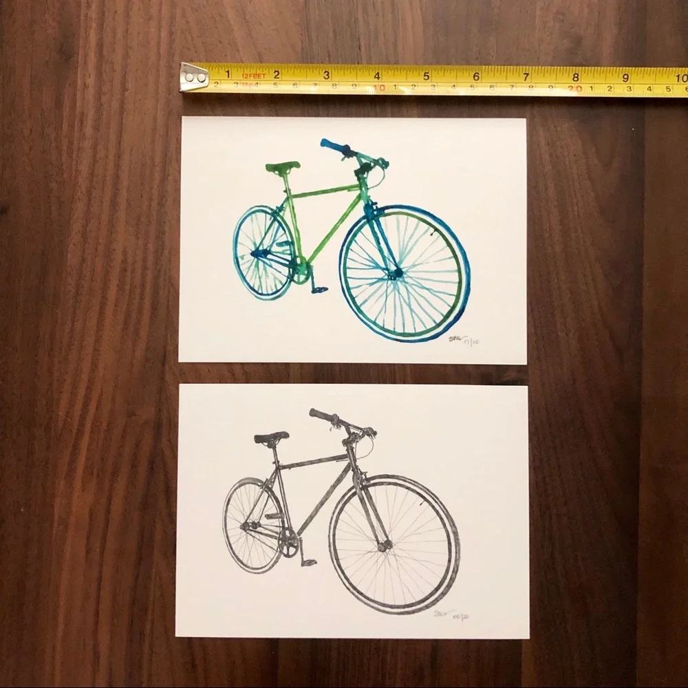 Giclee Bike Art Prints: Blue Tonal Watercolor & Graphite